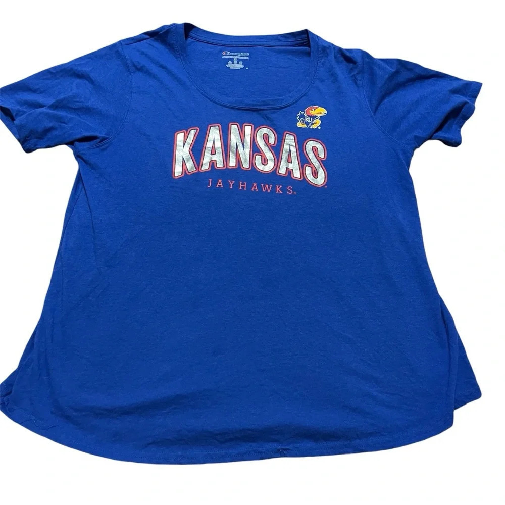 University Kansas Jayhawks Blue T-Shirt Classic Logo Womens Size XL KU Champion
